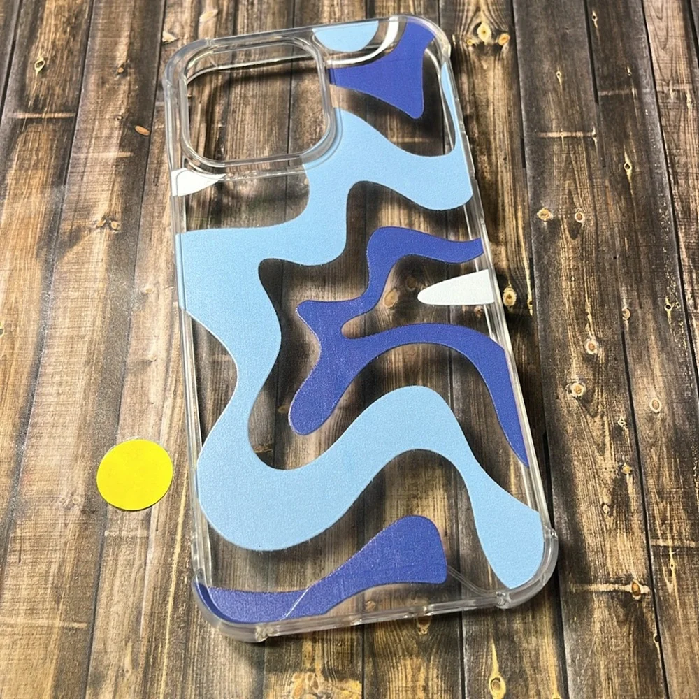 5for$10 Clear iPhone 15 Pro Max Phone Case Art Wavy-Painted Baby Blue And Blue
